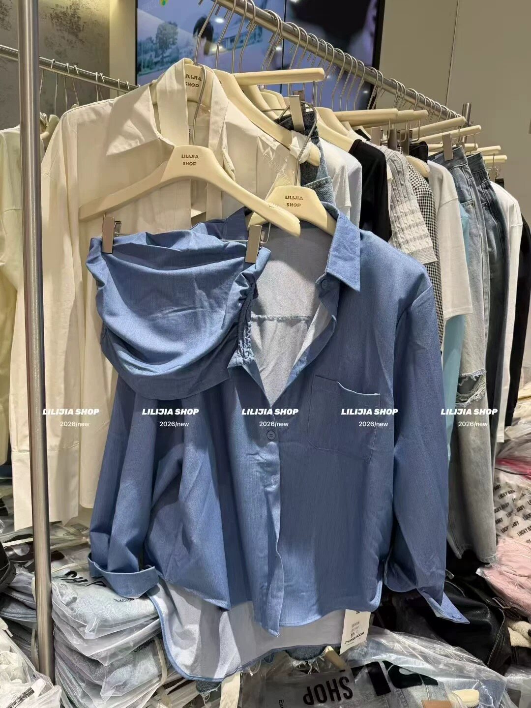 两件套女2026春宽松长袖休闲衬衫+修身显瘦抹胸背心套装