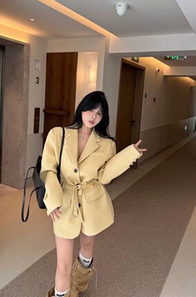 毛呢外套女2025秋冬韩版时尚百搭宽松抽绳显瘦西装大衣