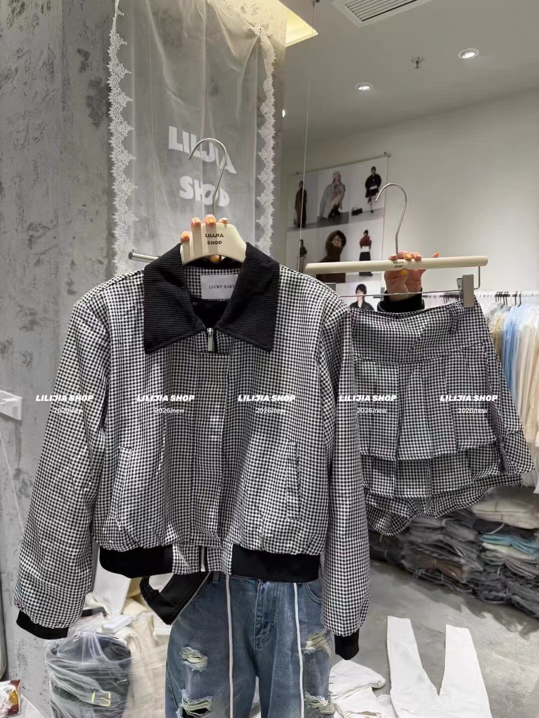 美式复古黑白格子短外套套装女百褶蛋糕短裙半身裙两件套