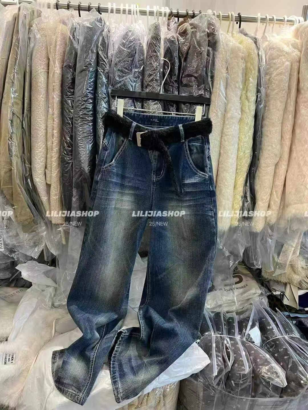 美式复古高腰宽松阔腿腰带牛仔裤女2025磨毛深蓝色直筒裤