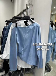 百搭显瘦气质斜肩漏肩长袖 2025秋季 时尚 韩版 T恤女上衣 新款