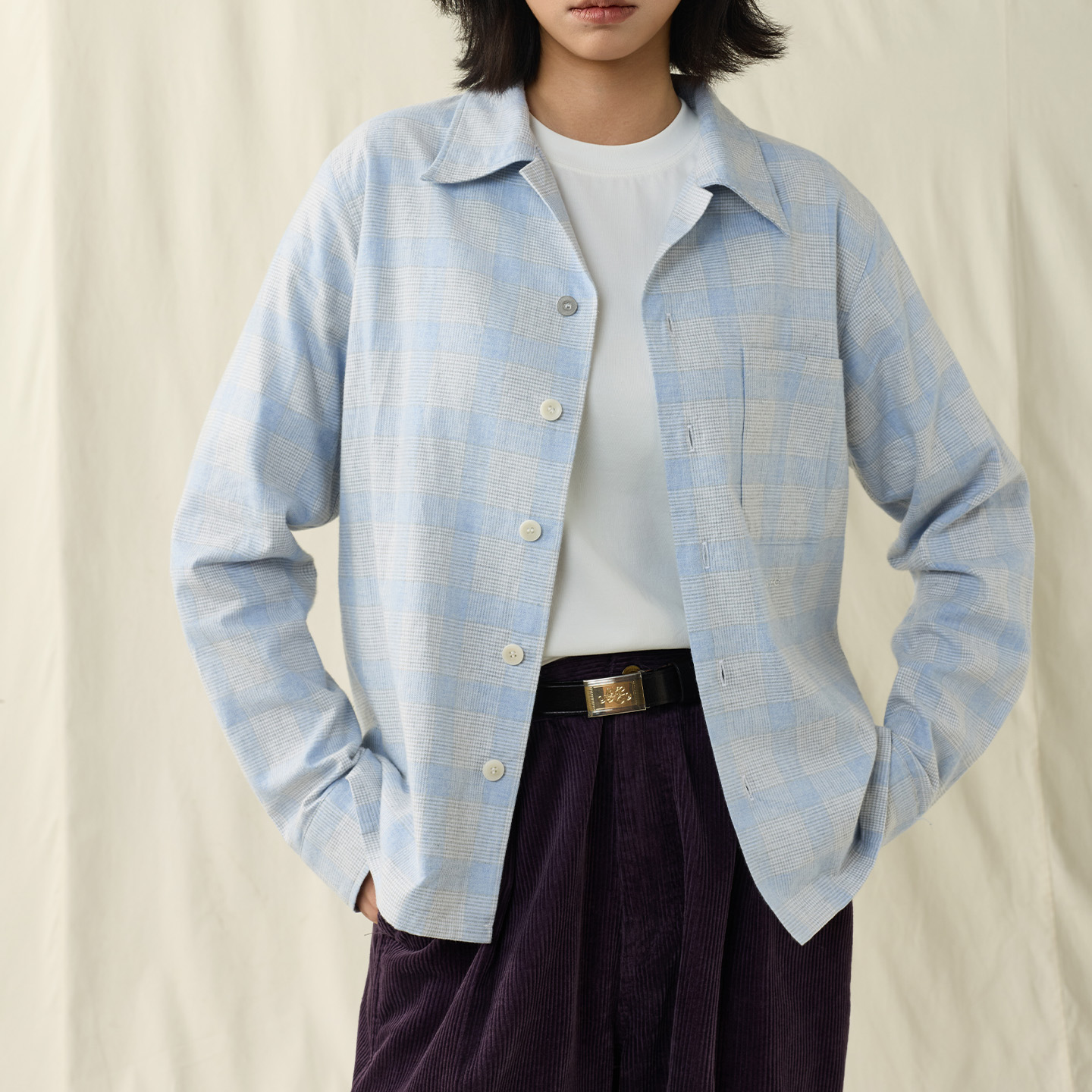 SUPERTOFU格纹法兰绒 复古浅格纹 古巴领翻领长袖衬衫 AW25