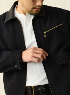 SUPERTOFU 真皮翻领 吊坠斜拉链 洗水做旧帆布工装夹克 AW25