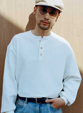 SUPERTOFU做旧果实纽扣 轻微弹性 亨利领华夫格长袖T恤  SS25