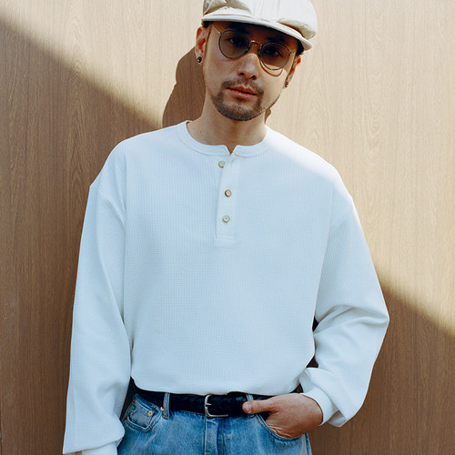 果实纽扣亨利领华夫格长袖T恤