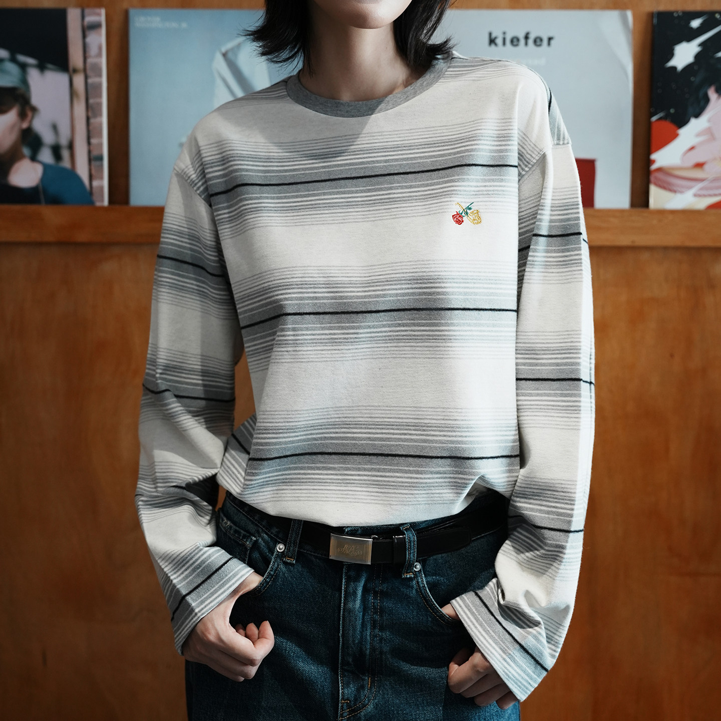SUPERTOFU「渐变条纹 精致刺绣」反底为面 300g条纹长袖T恤AW26