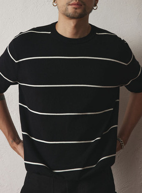 SUPERTOFU老钱风黑白条纹 螺纹下摆 正肩版型微弹针织短袖T恤SS25
