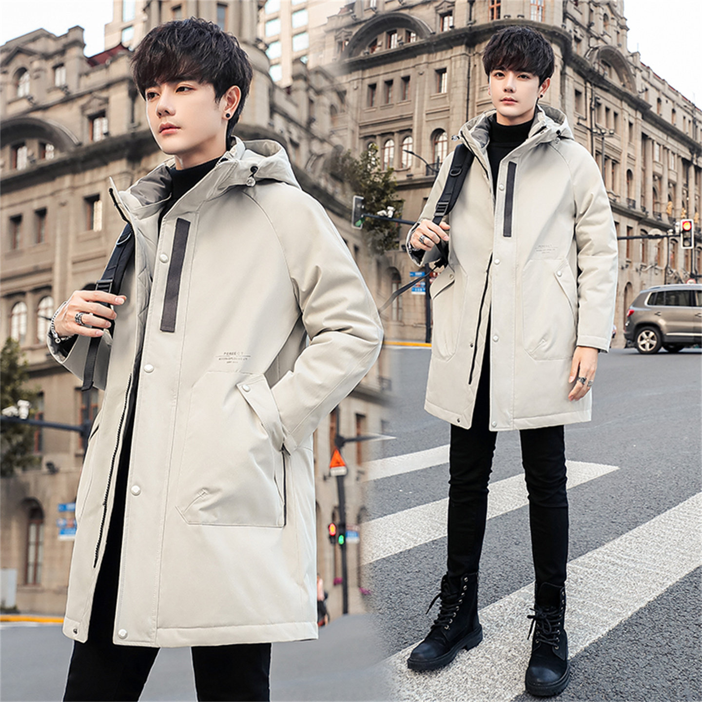 秋季新款男士连帽风衣男中长款韩版潮流帅气百搭休闲青年高档外套