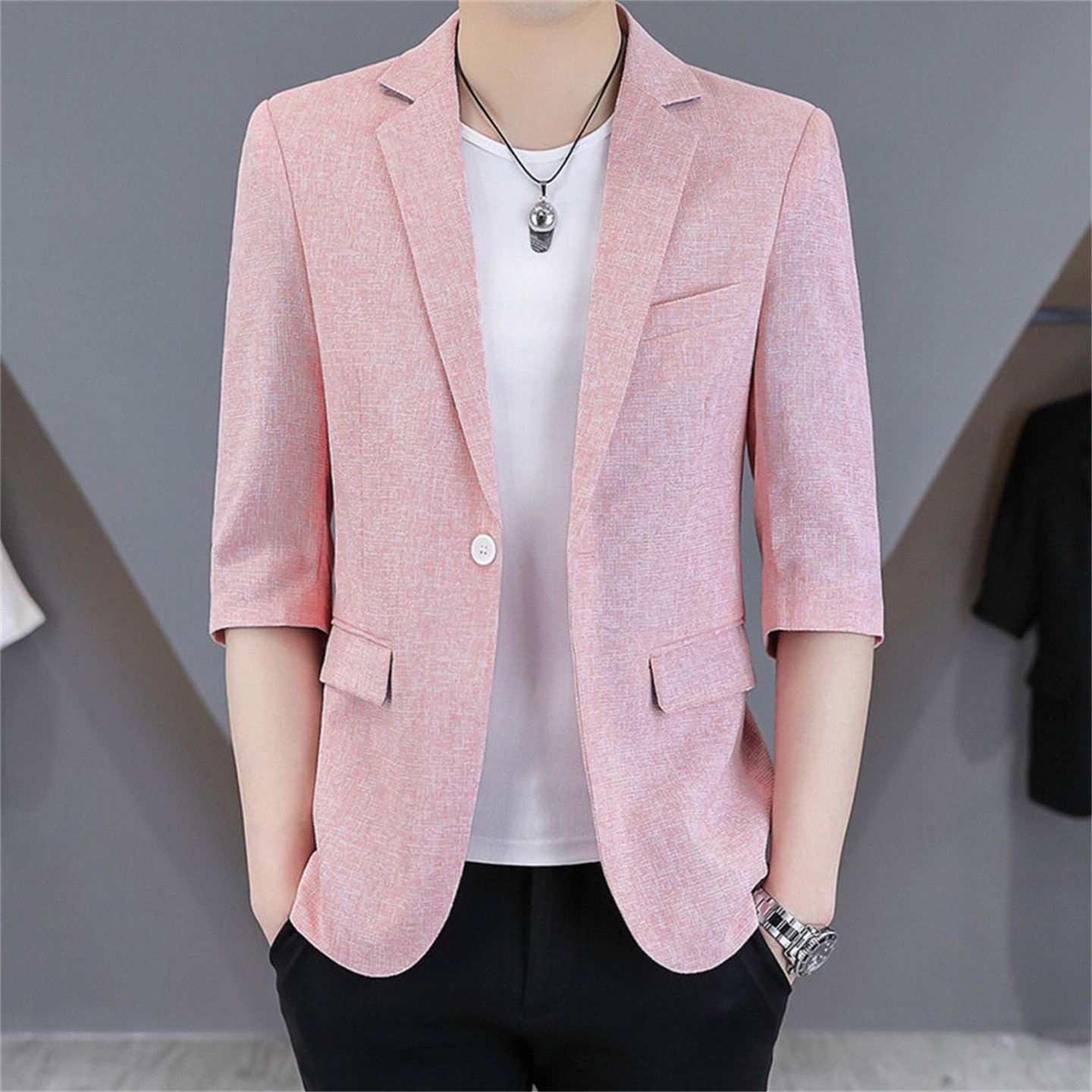 男士薄款七分中袖西服男夏季新款时尚修身上衣潮流韩版小西装外套