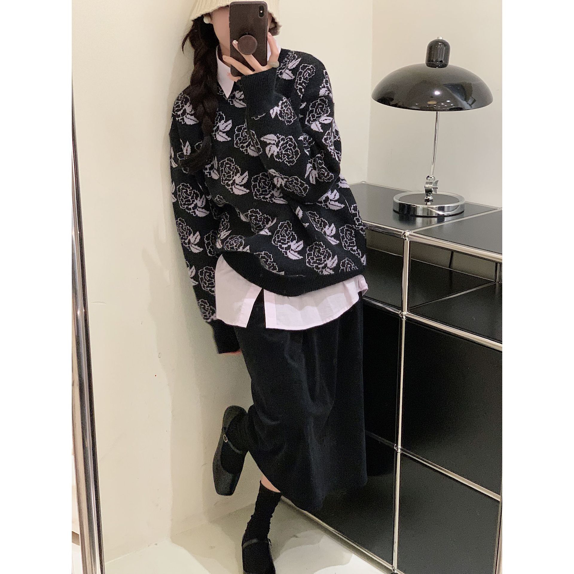 Bingbogo时髦精个性玫瑰提花大袖子套头毛衣女2022秋冬新款上衣