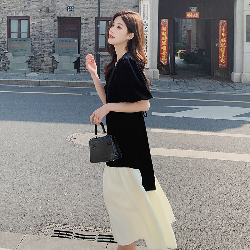 已出2023夏季新丝绒拼接女士连衣裙连衣225-23026-P115（控168）,女装连衣裙,浙宝225