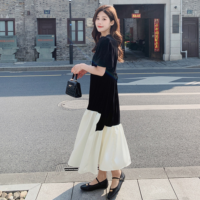 已出2023夏季新丝绒拼接女士连衣裙连衣225-23026-P115（控168）,女装连衣裙,浙宝225