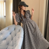 粉色波点连衣裙夏季女2025新款法式显瘦甜美减龄泡泡袖长款仙女裙，女装连衣裙，浙宝225