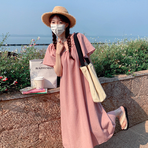 粉色方领飞飞袖连衣裙女夏季2025新款高级感温柔甜美显瘦茶歇裙子,胸大腰肥如何搭配衣服图片
