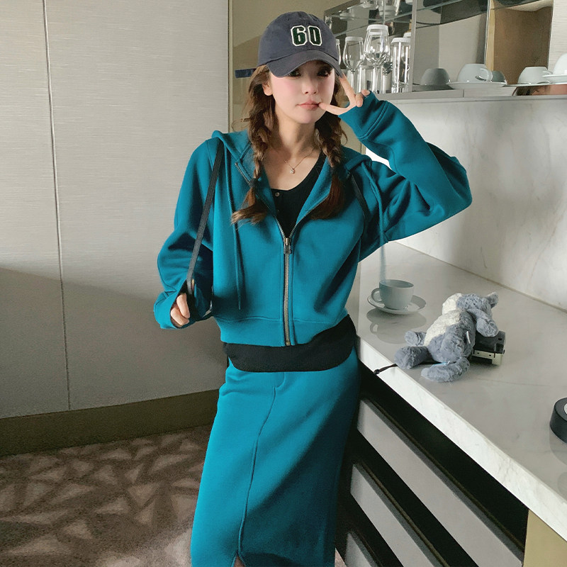 2025秋款孔雀蓝绿卫衣套装半裙连帽开衫225-8001-P175（控258）,女装运动套装,浙宝225
