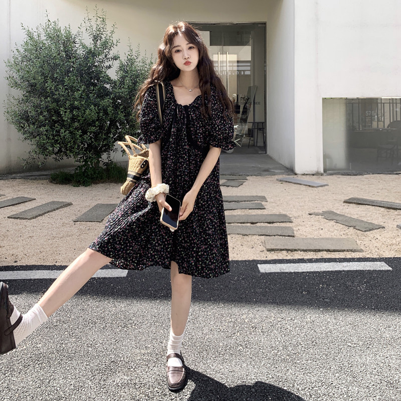 黑色碎花短袖连衣裙女夏2025新款小个子温柔风法式复古浪漫短裙,女装连衣裙,浙宝225