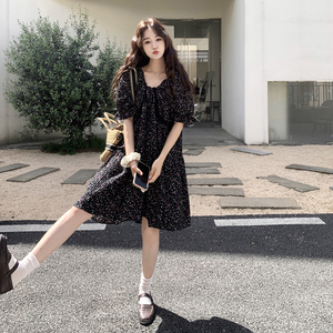 黑色碎花短袖连衣裙女夏2025新款小个子温柔风法式复古浪漫短裙图片