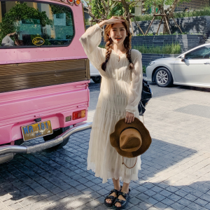 法式宫廷风纯色连衣裙圆领高腰泡泡袖长裙女225-23008-P115控168图片
