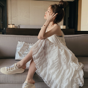 法式白色吊带连衣裙女夏季2025新款超仙甜美纯欲风蕾丝蛋糕连衣裙,女装连衣裙,浙宝225
