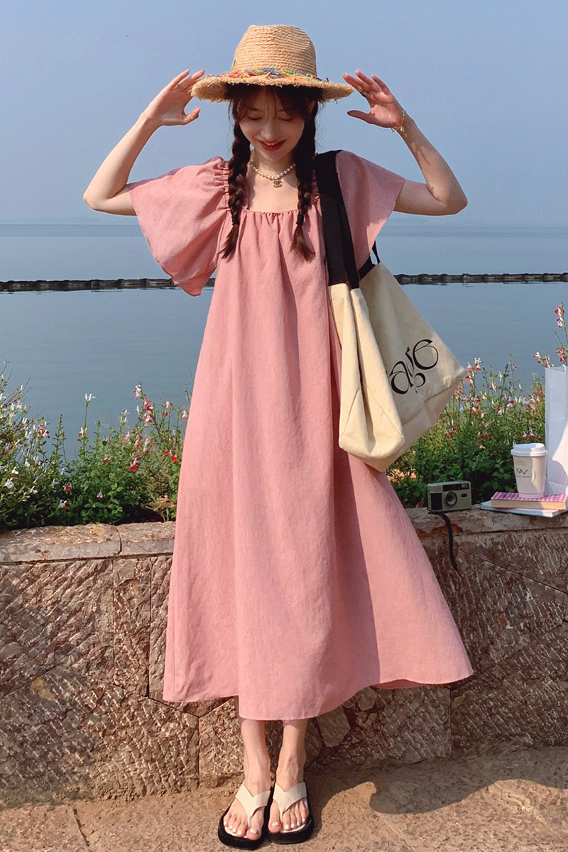 粉色方领飞飞袖连衣裙女夏季2025新款高级感温柔甜美显瘦茶歇裙子,女装连衣裙,浙宝225