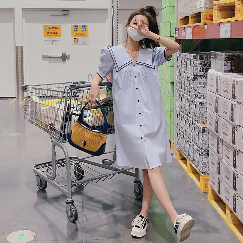 已出货2022黑色密边设计浅蓝色连衣裙225-6609-P105（控158）,女装连衣裙,浙宝225