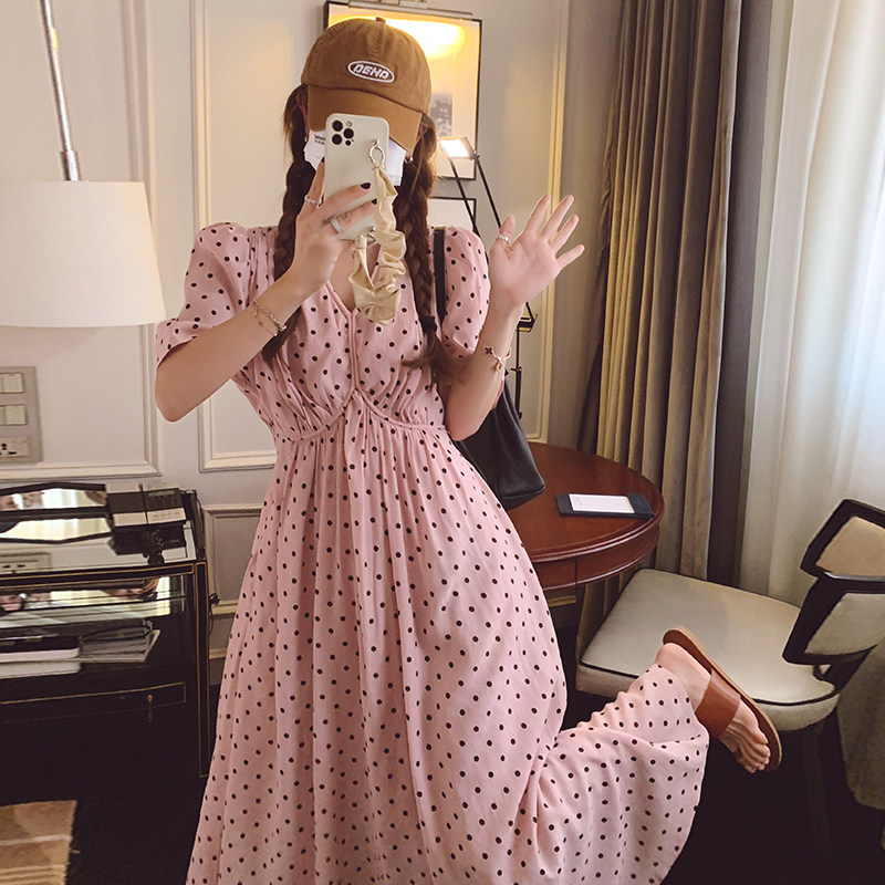 粉色波点连衣裙夏季女2025新款法式显瘦甜美减龄泡泡袖长款仙女裙，女装连衣裙，浙宝225