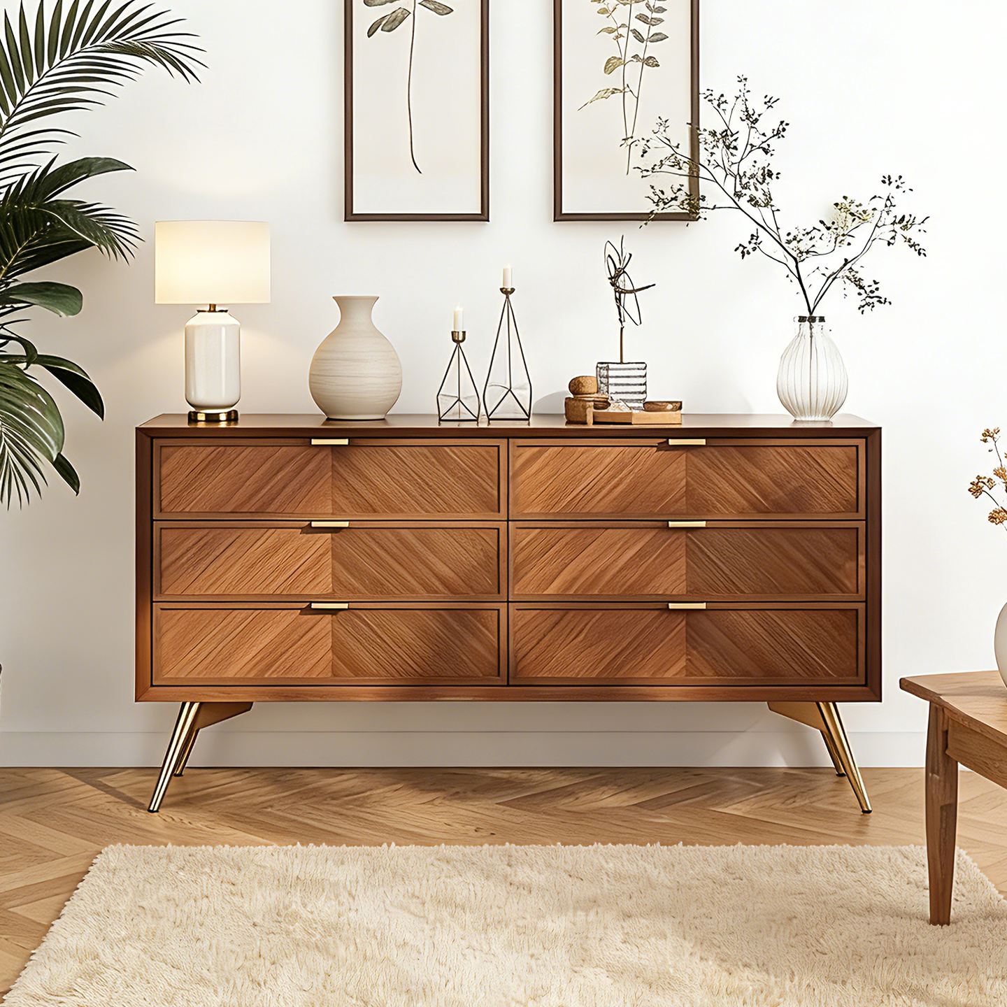 中古风实木六斗柜收纳客厅靠墙玄关抽屉柜储物柜原木六斗柜鱼骨纹