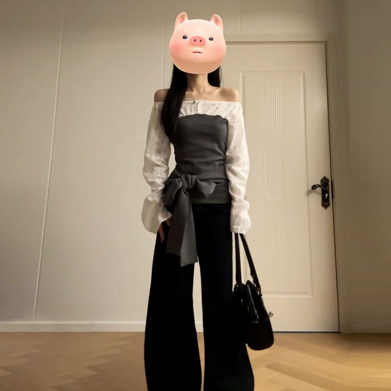 假两件法式一字肩长袖t恤2025年春季新款女装设计感小众露肩上衣