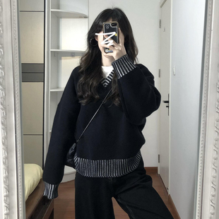 慵懒风高级感宽松开春针织上衣 假两件v领黑色毛衣女秋冬2025新款
