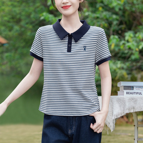 高级感翻领条纹短袖t恤女夏装