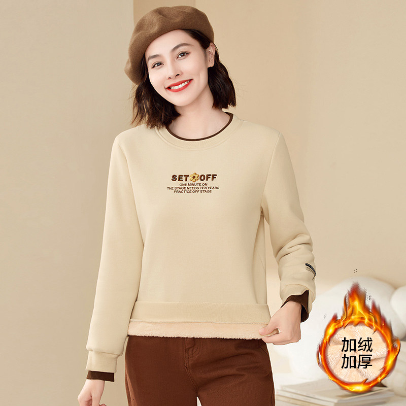 加绒加厚卫衣女秋冬2022年新款时尚羊羔绒上衣圆领保暖打底衫外套