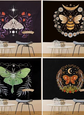 复古ins蝴蝶花园挂毯月相花卉藤蔓背景布挂布黑色花挂毯横版墙布