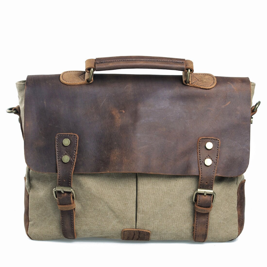 沐川布包真皮配帆布配真皮欧美复古邮差包 单肩斜挎包 手提公文包