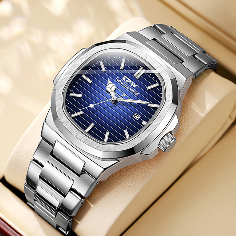 跨境热销时尚复古八角日历手表男士商务简约夜光防水钢带石英表