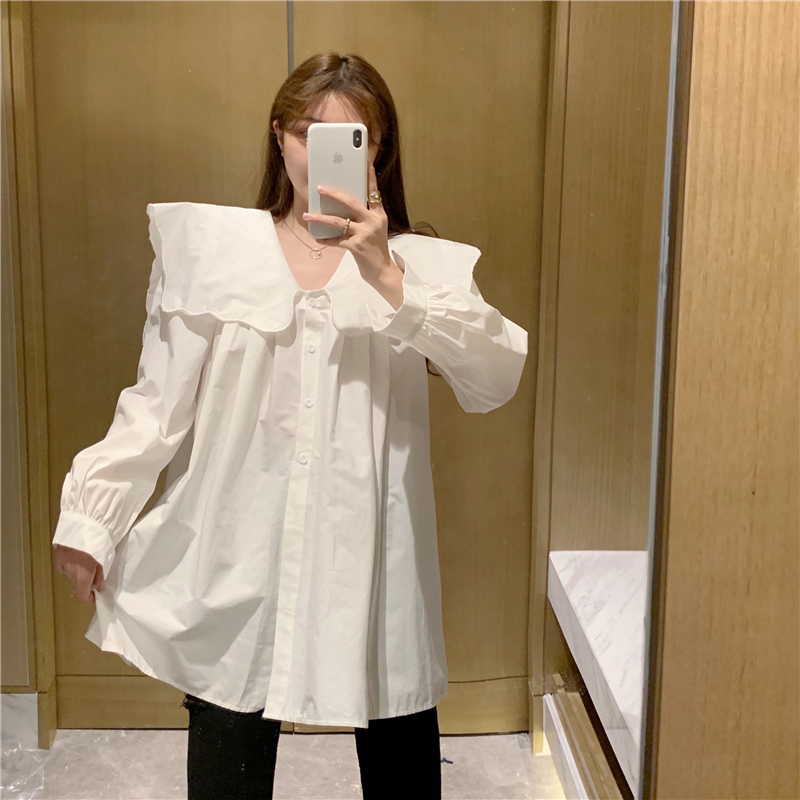 Real price new French sweet retro Navy collar chic loose and versatile slim age reducing shirt