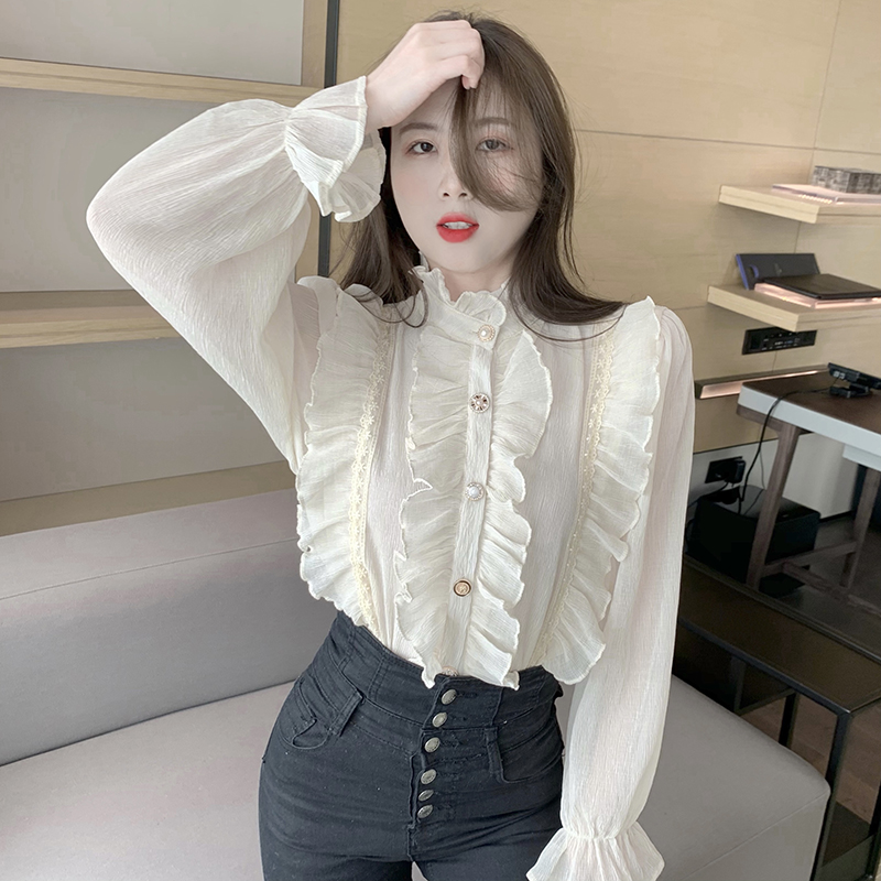 Real price French romantic ear edge pearl button retro temperament court style shirt top