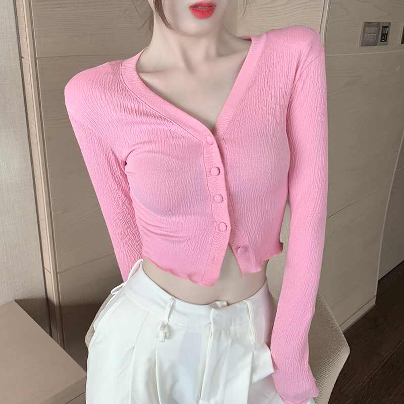 Real price 2021 spring new sweet age reduction solid color short pleated button long sleeve V-neck T-shirt