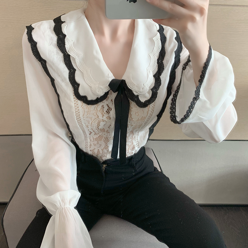 Real price French Lapel palace style embroidery lace splicing Ribbon Shirt