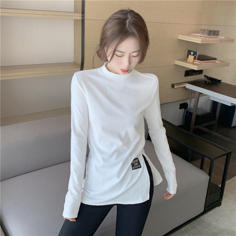 Real price half high collar T-shirt women's Pullover wear pit strip elastic slim fit split bottom sweater