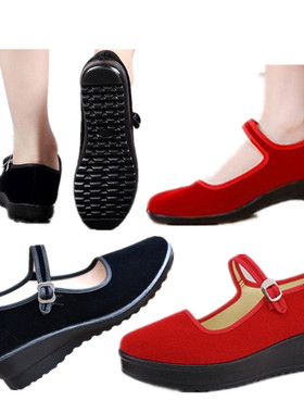 老北京大码平绒女鞋一带坡跟礼仪鞋红黑方口工作鞋妈妈高跟舞蹈鞋