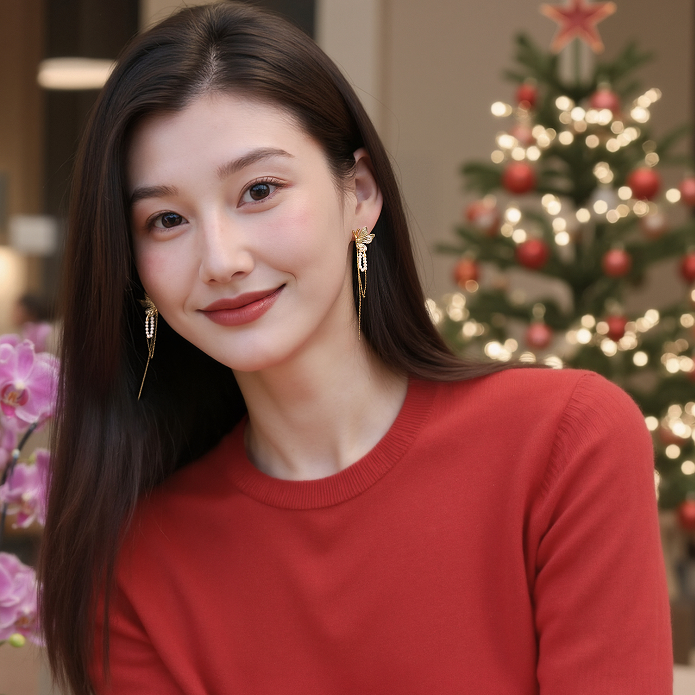 复古金属蝴蝶珍珠链条流苏耳坠