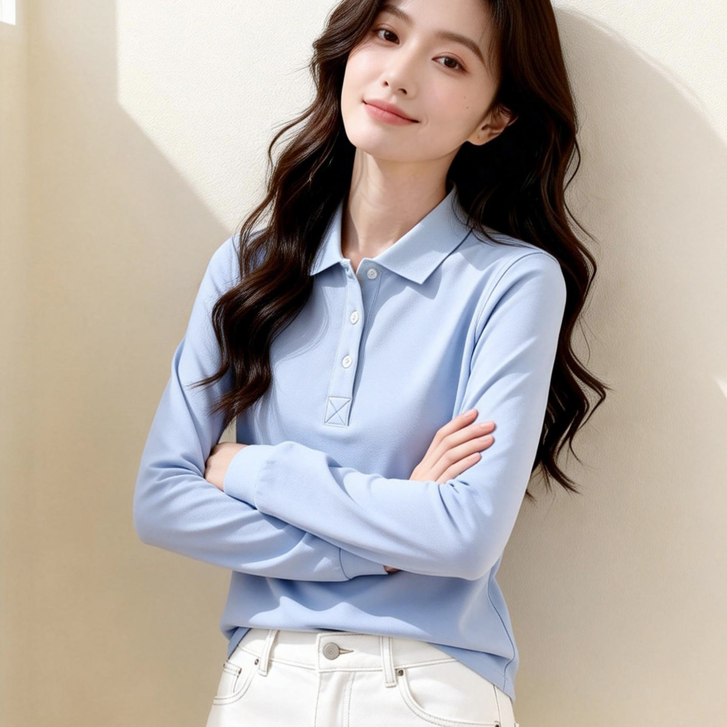 2026新款女直筒长袖POLO衫蓝色