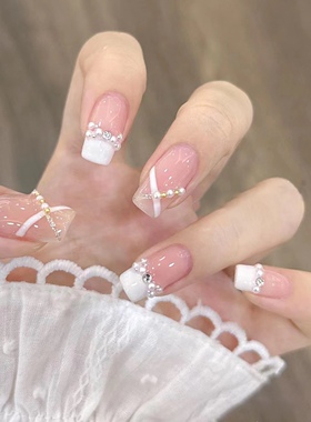 手工美甲穿戴甲指甲贴美甲成品温柔法式小众小红书爆款学生中长款