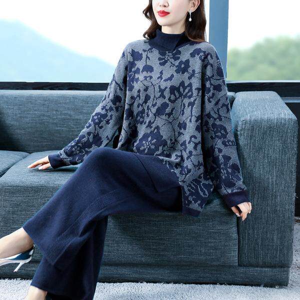高级感减龄开叉针织套装女2024秋季新款时尚气质毛衣阔腿裤两件套