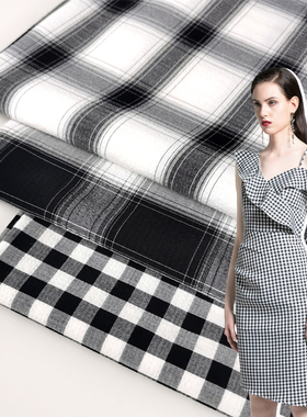 新品时尚日韩薄款黑白格子微弹服装布料色织连衣裙百褶裙混纺diy