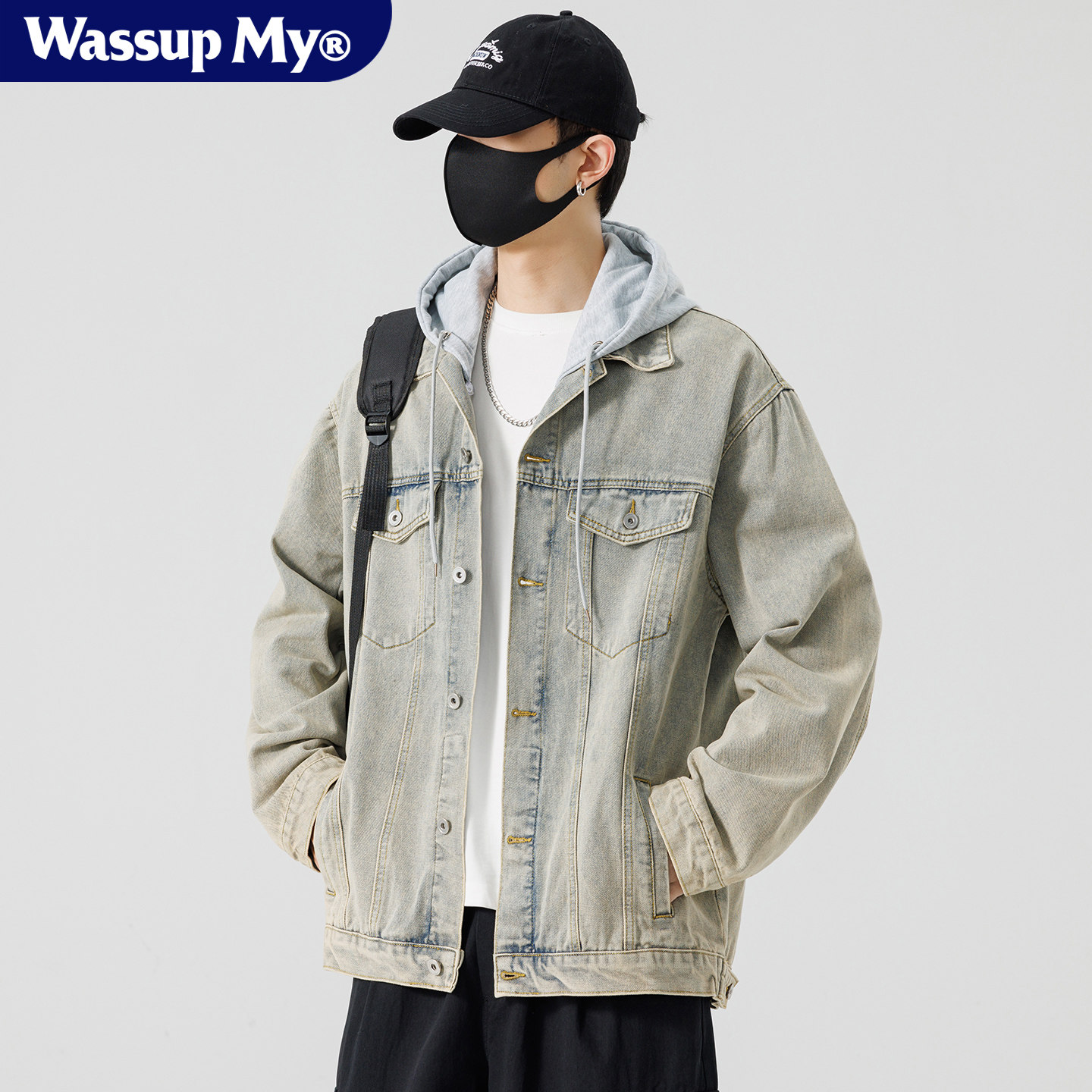 Wassup My美式连帽牛仔外套男春秋季复古工装夹克百搭翻领上衣潮