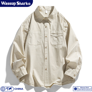 Wassup Shark美式复古竖条纹长袖工装衬衫男春秋休闲宽松衬衣外套