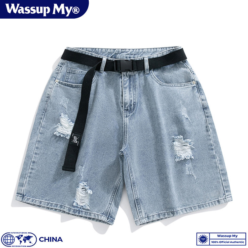 Wassup My美式做旧破洞牛仔短裤男夏季薄款五分裤宽松休闲裤子潮