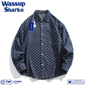 外套男春秋季 Wassup Shark潮牌水洗提花牛仔衬衫 休闲宽松满花衬衣