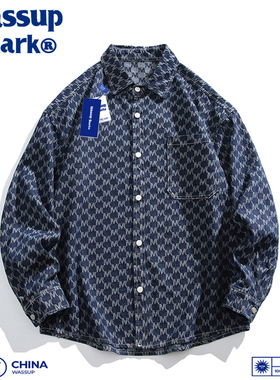 Wassup Shark潮牌水洗提花牛仔衬衫外套男春秋季休闲宽松满花衬衣